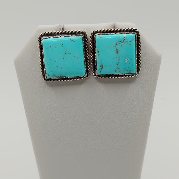 Joan Slifka Square Turquoise and Sterling Silver Post Back Earrings - Picture 1 of 5